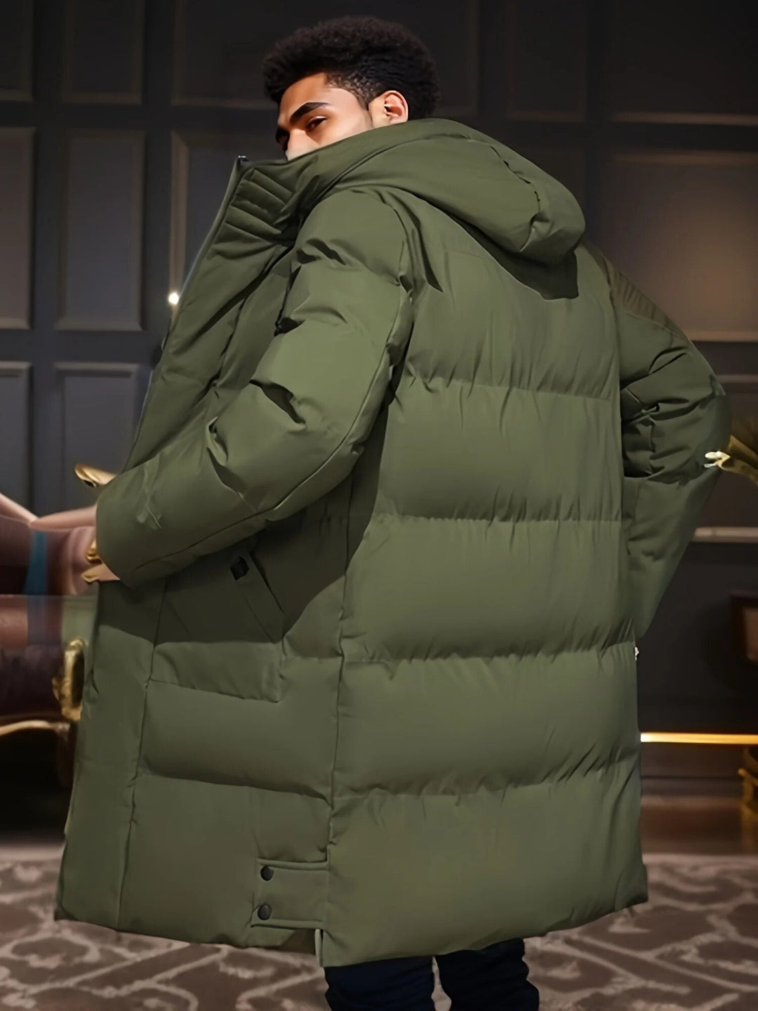 Cazadora larga acolchada de invierno para hombre, con capucha, estilo moderno y cálido.