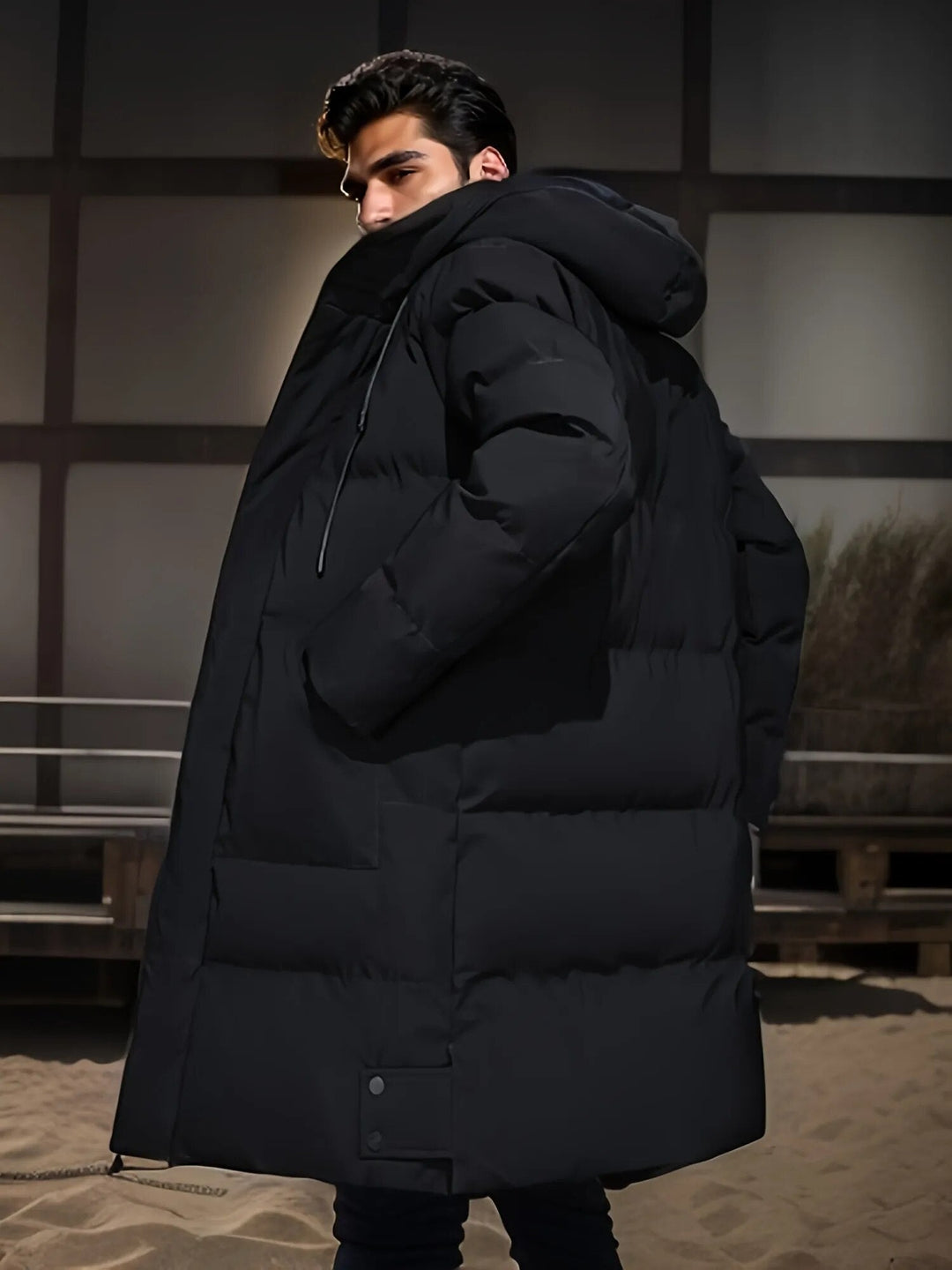 Abrigo largo para hombre, acolchado y con capucha, ideal para invierno, verdemilitar.