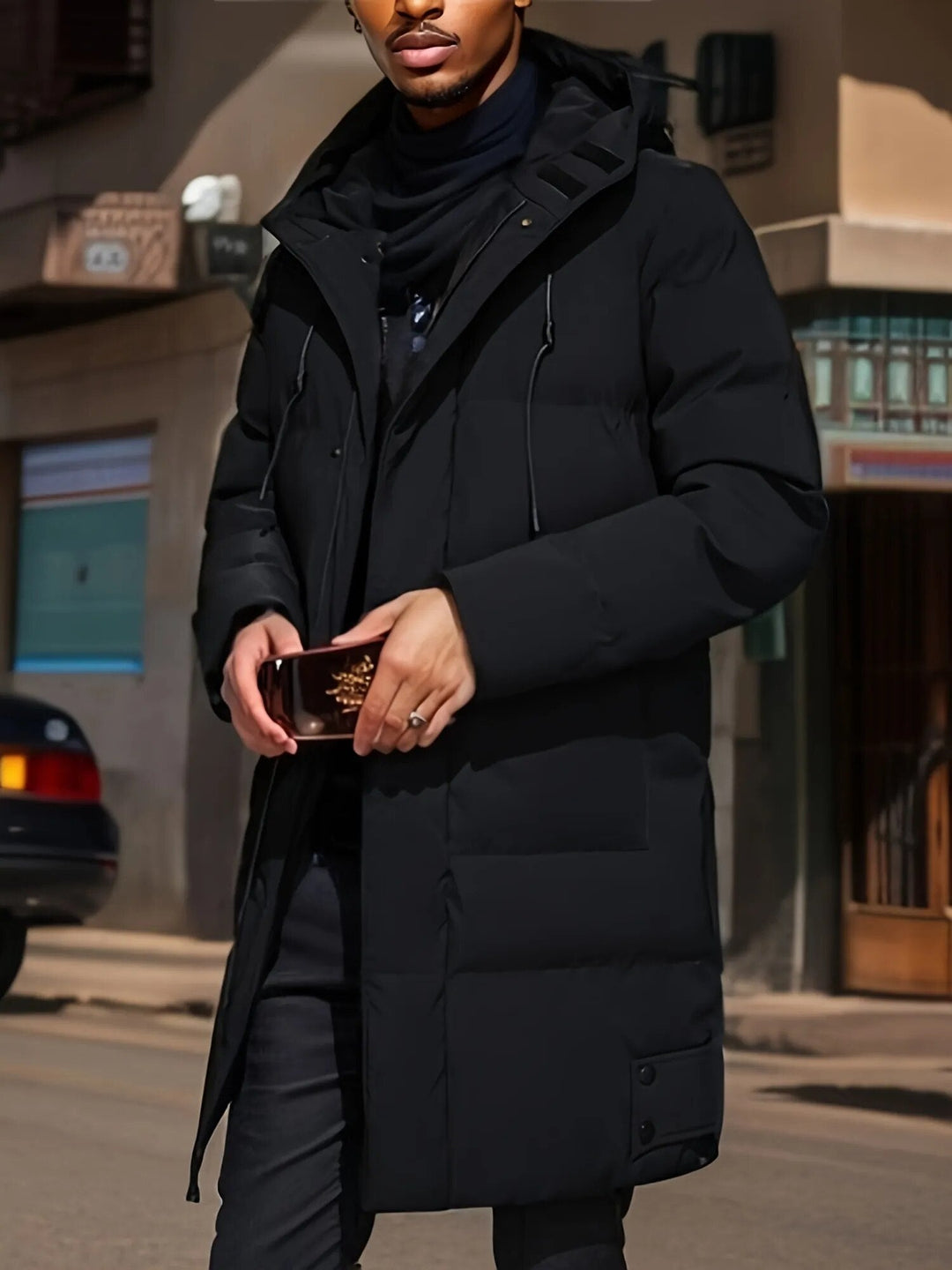 Abrigo acolchado de invierno con capucha para hombre, diseño largo y cálido, color verdemilitar.