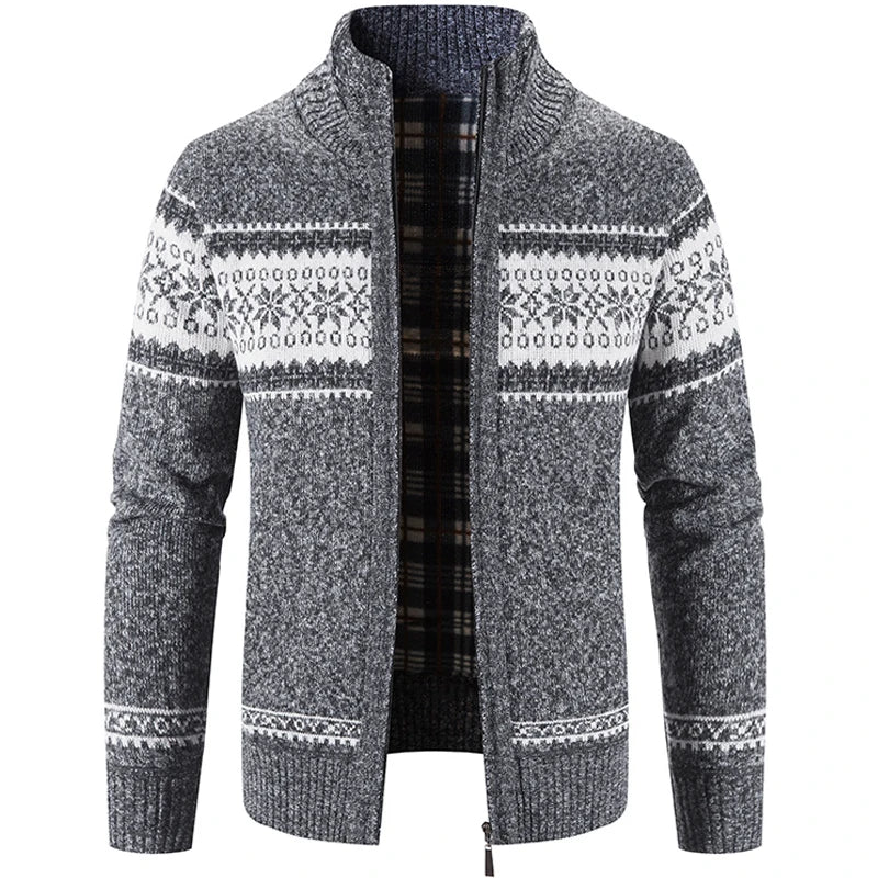 Jersey de invierno para hombre con patrón nórdico y cremallera, ideal para ropa abrigada y estilo casual invernal.