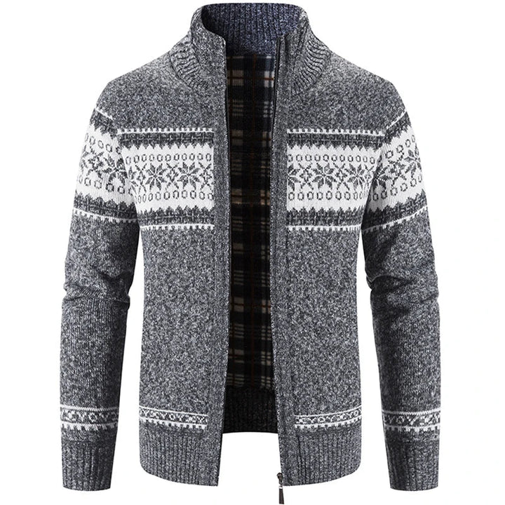 Jersey de invierno para hombre con patrón nórdico y cremallera, ideal para ropa abrigada y estilo casual invernal.