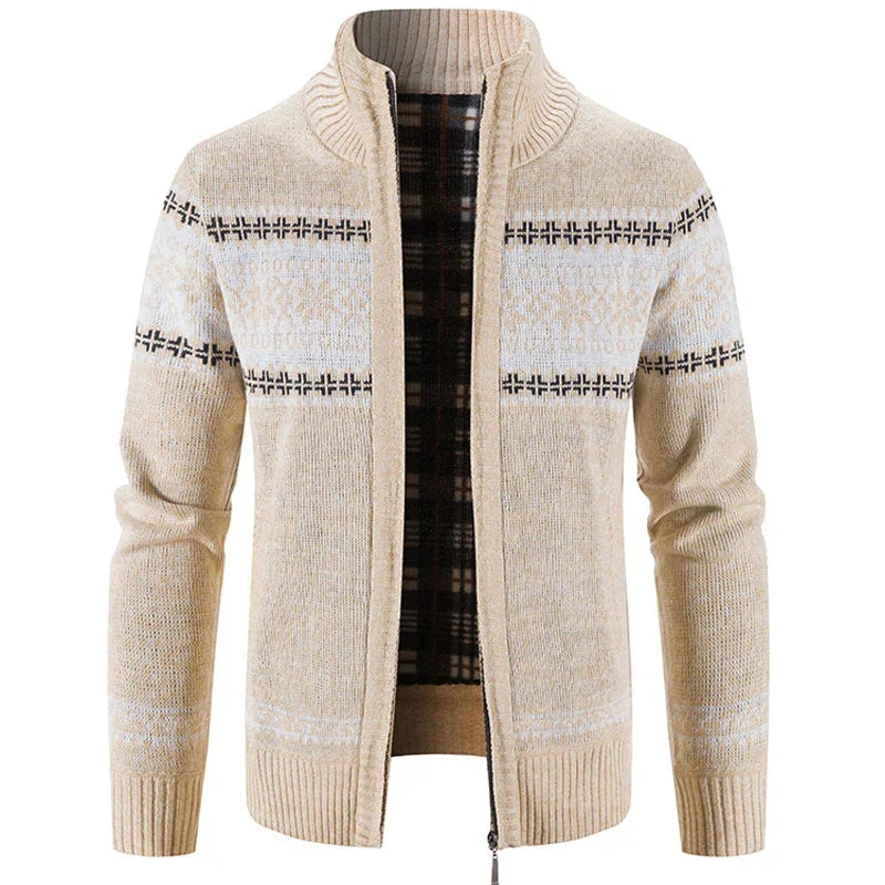 Elegante jersey de invierno para hombre, con cremallera y patrón nórdico, perfecto para un look casual y abrigado.