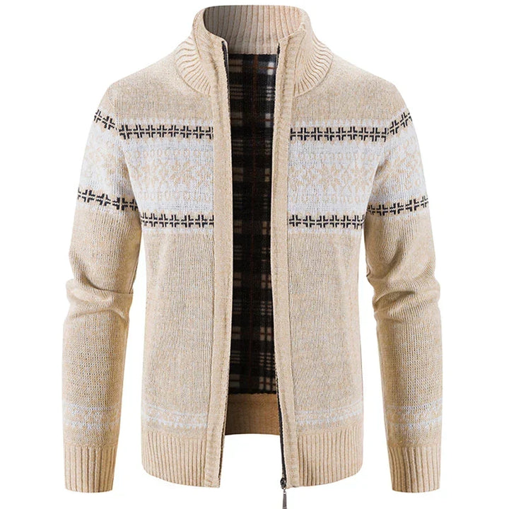 Elegante jersey de invierno para hombre, con cremallera y patrón nórdico, perfecto para un look casual y abrigado.
