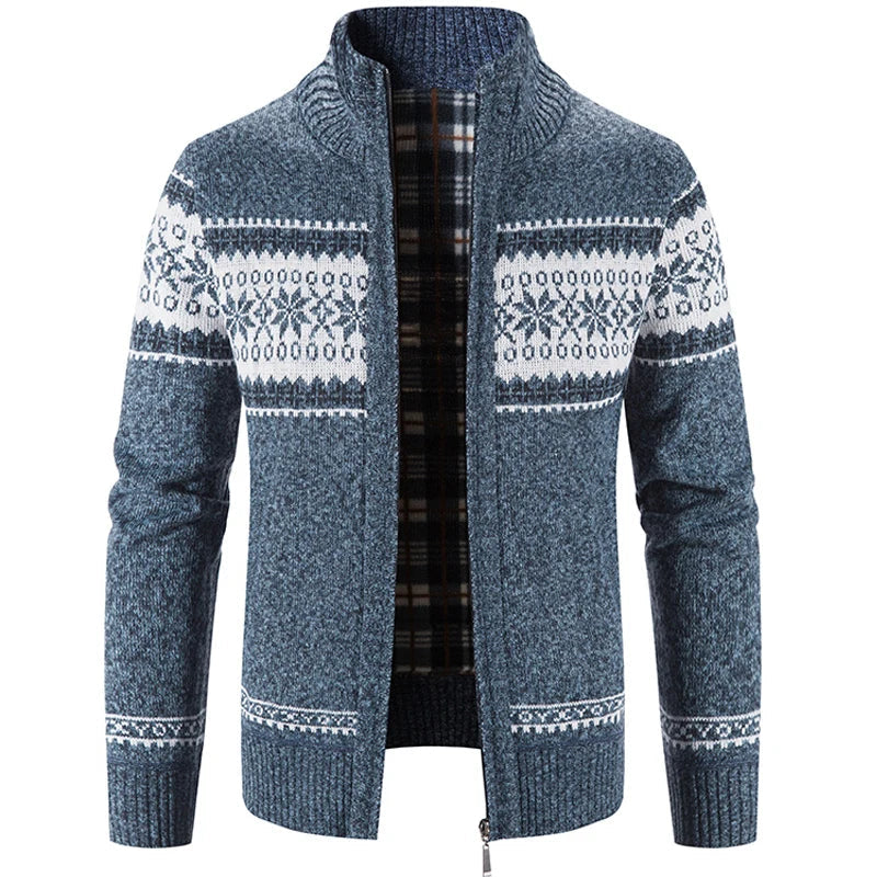 Suéter de caballero abrigado, jersey de hombre con cremallera y diseño nórdico. Comodidad para moda masculina invernal.