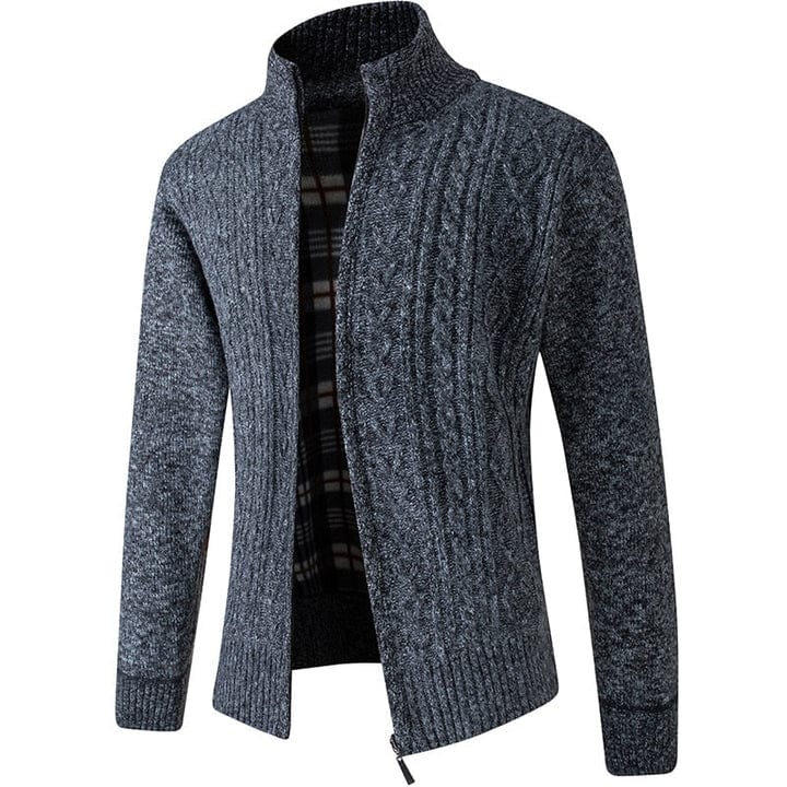 Detalle de cuello y cremallera en chaqueta de punto de hombre, estilo casual y ropa masculina.