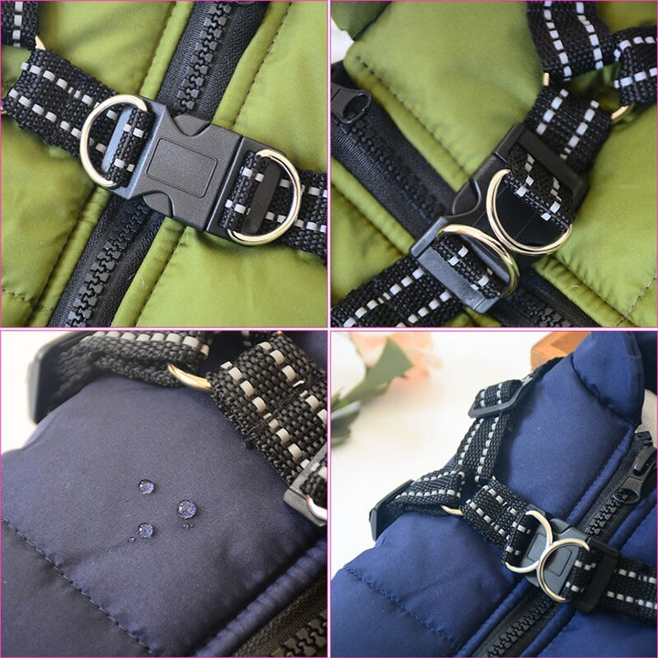 Chaqueta de invierno para perro con arnés. Equipamiento cálido e impermeable para paseos seguros y cómodos de mascotas.