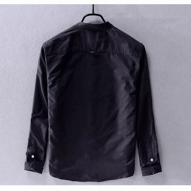 Camisa de manga larga para hombre, cuello mao, ideal para primavera/verano, look casual elegante.