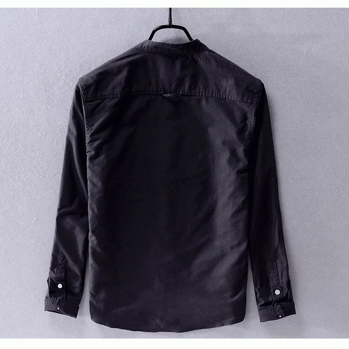 Camisa de manga larga para hombre, cuello mao, ideal para primavera/verano, look casual elegante.