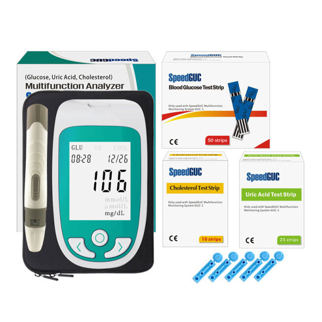 Monitor de salud con tiras reactivas para colesterol, glucosa y ácido úrico. Kit de prueba.