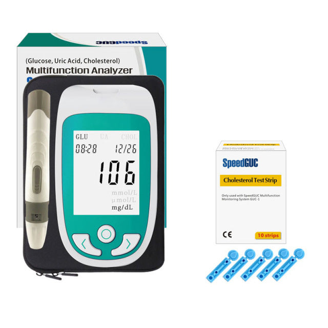 Control metabólico: monitor 3 en 1 para glucosa, colesterol y ácido úrico. Bienestar integral.