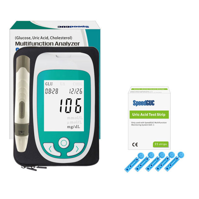 Medidor de glucosa, colesterol y ácido úrico de alta precisión. Ideal para salud cardiovascular.