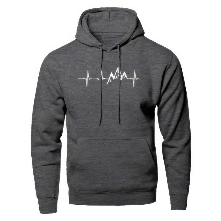 Sudadera gris de hombre con capucha, estampado de montaña y texto 'Aventura'. Estilo casual y confortable.