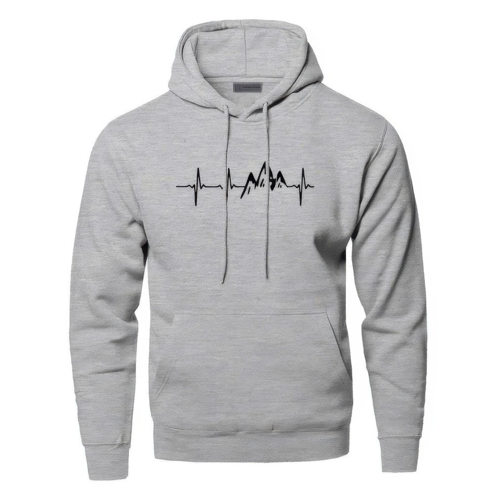 Sudadera de hombre azul con capucha y estampado de montañas. Perfecta para invierno, otoño y actividades al aire libre.
