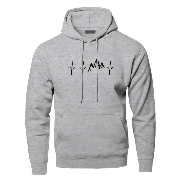 Sudadera de hombre azul con capucha y estampado de montañas. Perfecta para invierno, otoño y actividades al aire libre.