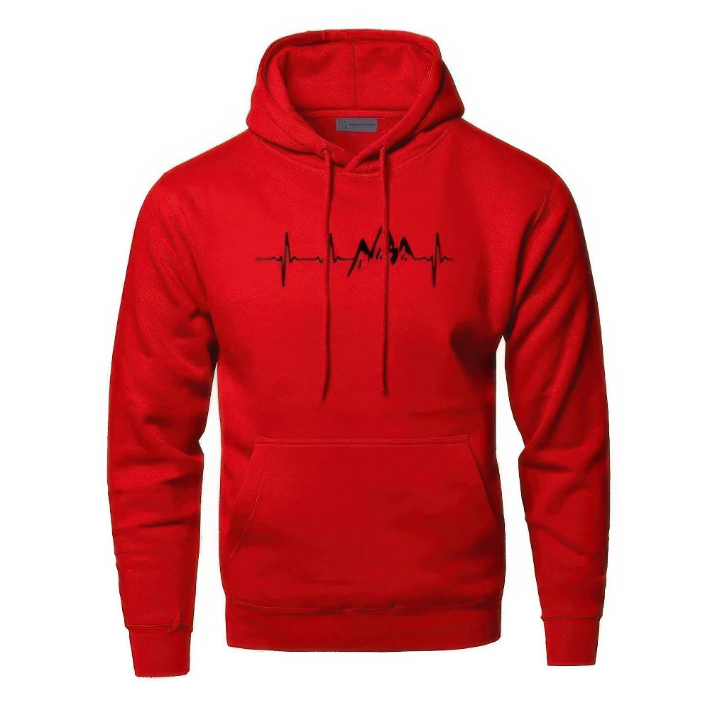 Sudadera con capucha para hombre, estampado de montaña en gris y azul. Ideal para otoño, invierno y ropa deportiva.