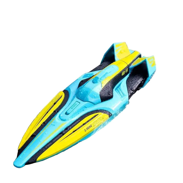 Barco teledirigido RC de alta velocidad para carreras acuáticas, diseño deportivo.