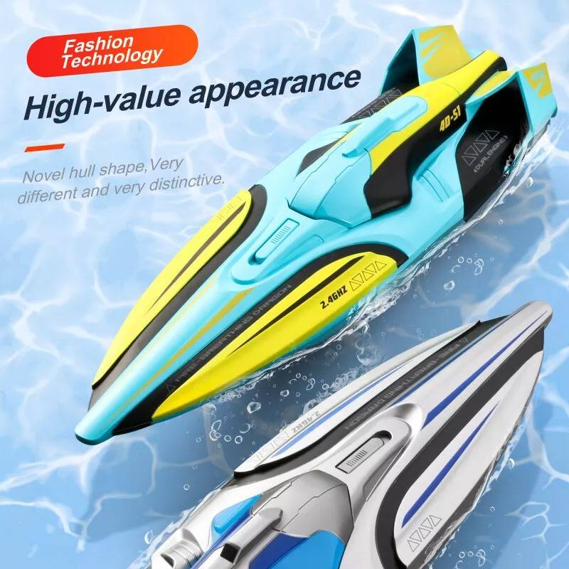 Barco de carreras acuáticas RC con control remoto, diseñado para alta velocidad.
