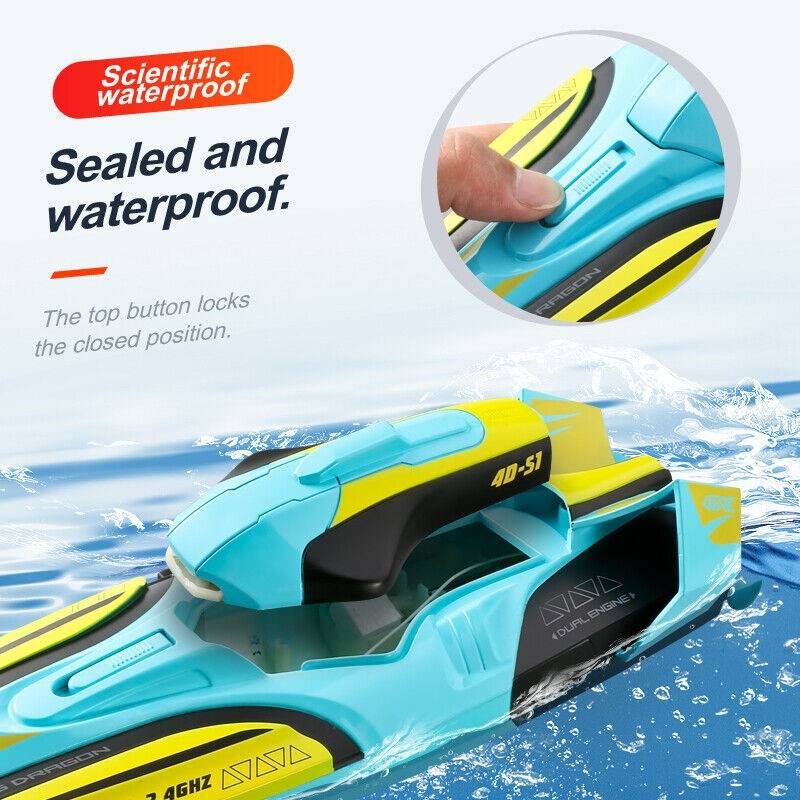 Potente barco teledirigido con doble motor, para carreras de alta velocidad y gran rendimiento.