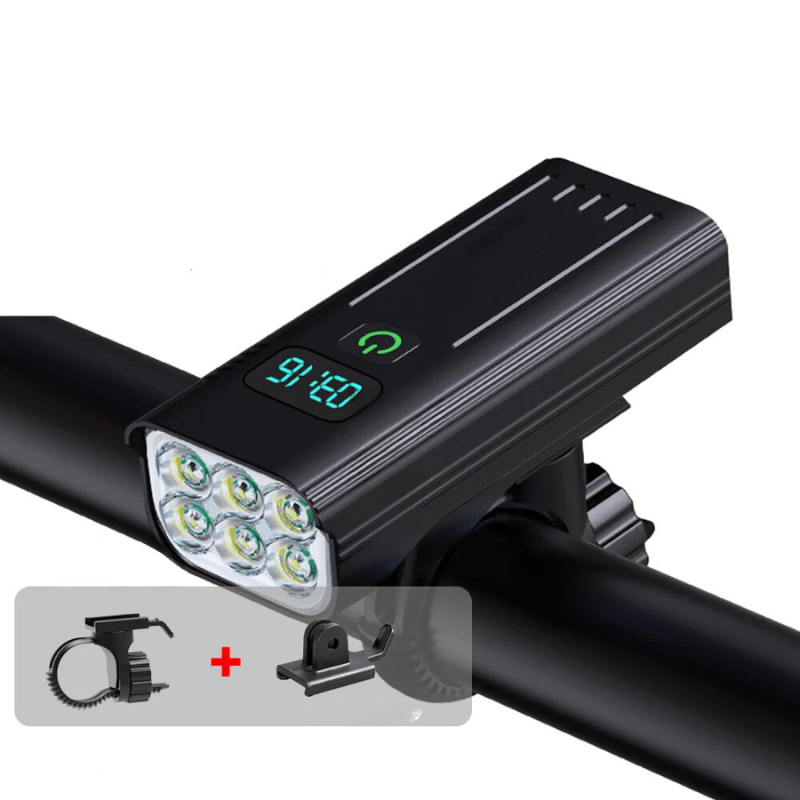 Faro de bicicleta LED 5000 lúmenes para alta visibilidad y seguridad en paseos nocturnos, recargable USB.