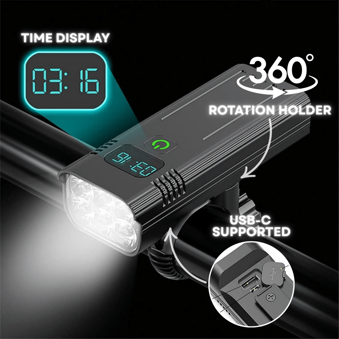 Luz LED de bicicleta de aluminio con 5000 lúmenes, recargable USB, esencial para ciclismo nocturno seguro.