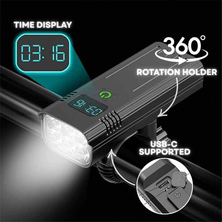Luz LED de bicicleta de aluminio con 5000 lúmenes, recargable USB, esencial para ciclismo nocturno seguro.
