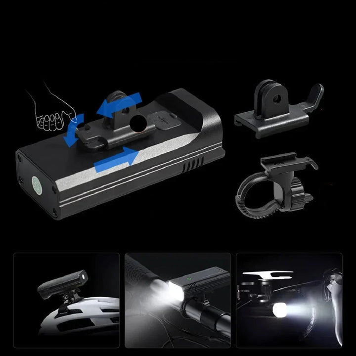 Accesorio esencial: Luz de bicicleta LED 5000 lúmenes, recargable USB para seguridad y visibilidad en la noche.