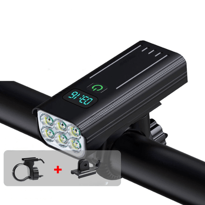 Potente faro bici LED 5000 lm para iluminación ciclismo, seguridad nocturna y alta visibilidad en carretera.