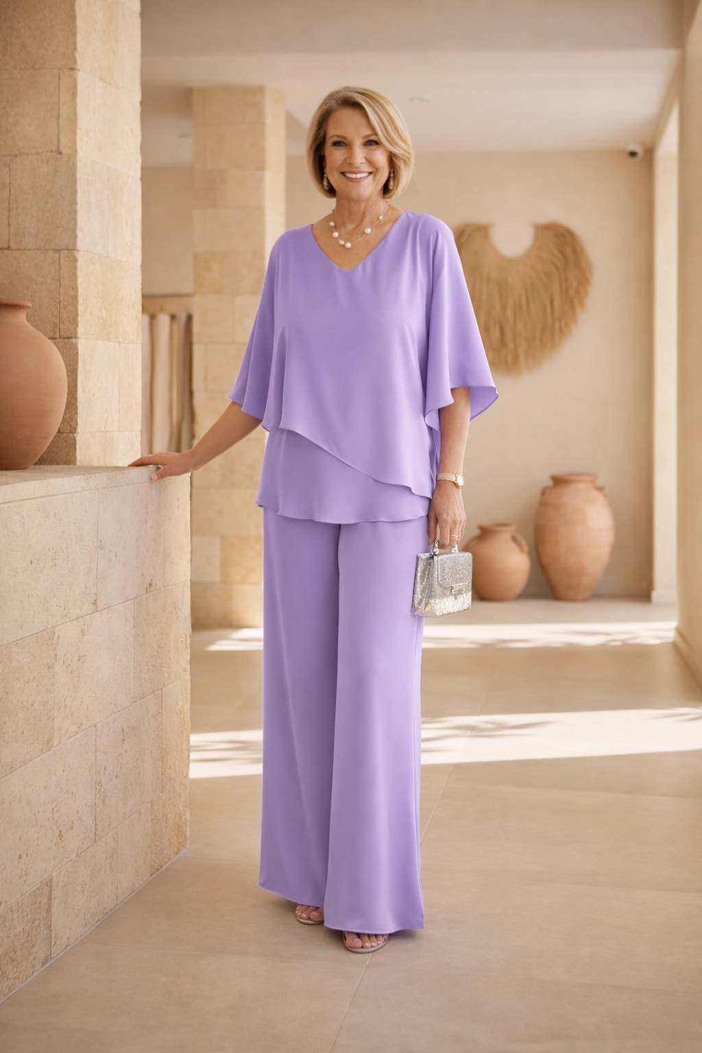 Conjunto de pantalón ancho mujer, dos piezas elegante. Top asimétrico y pantalón fluido, ropa cómoda verano.