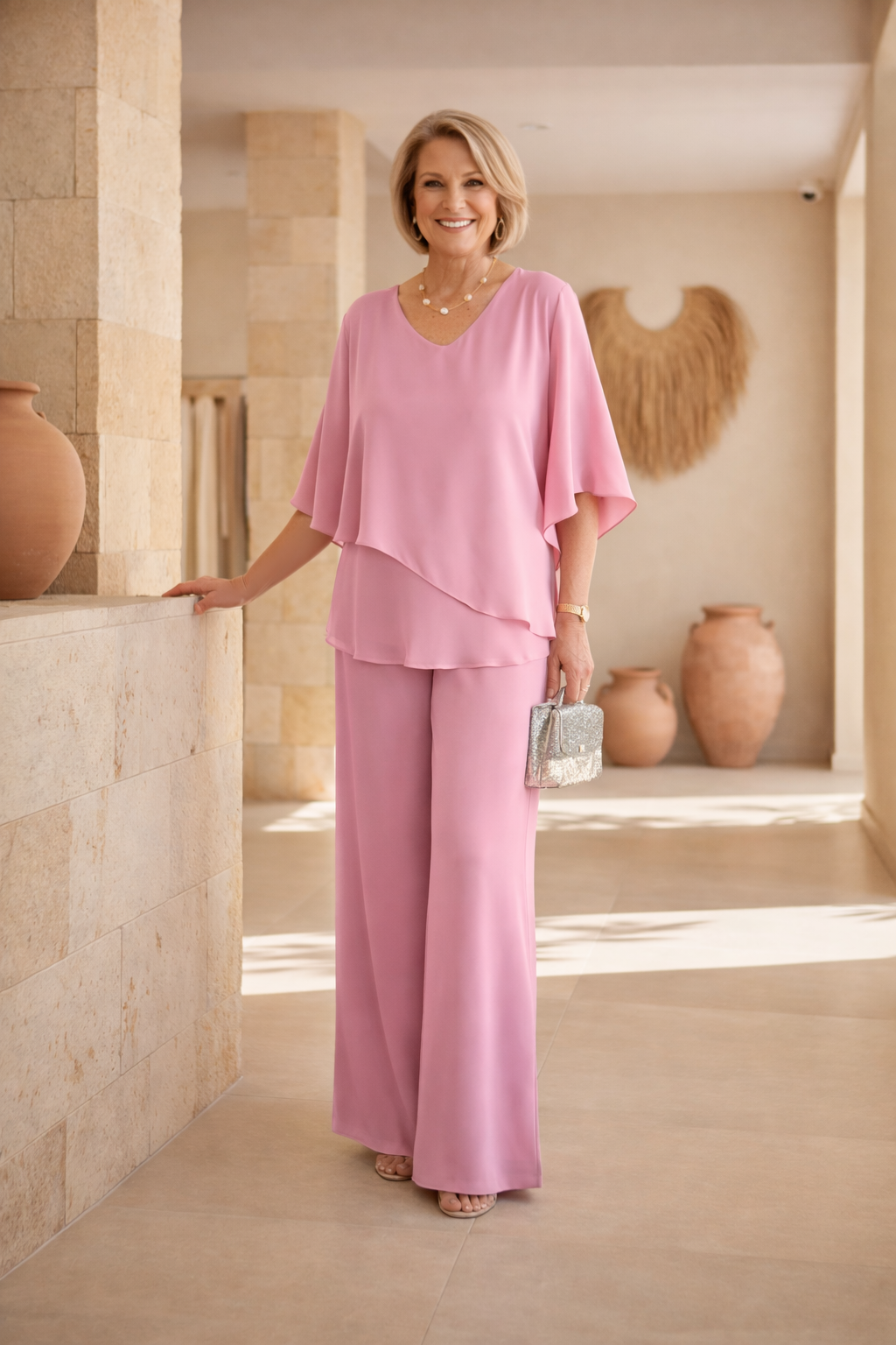 Moda femenina: conjunto de pantalón ancho y top asimétrico. Ropa cómoda y elegante para mujer, estilo verano.