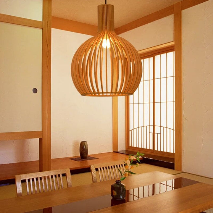 Lámpara de techo de madera natural, cordón ajustable, para un ambiente moderno.