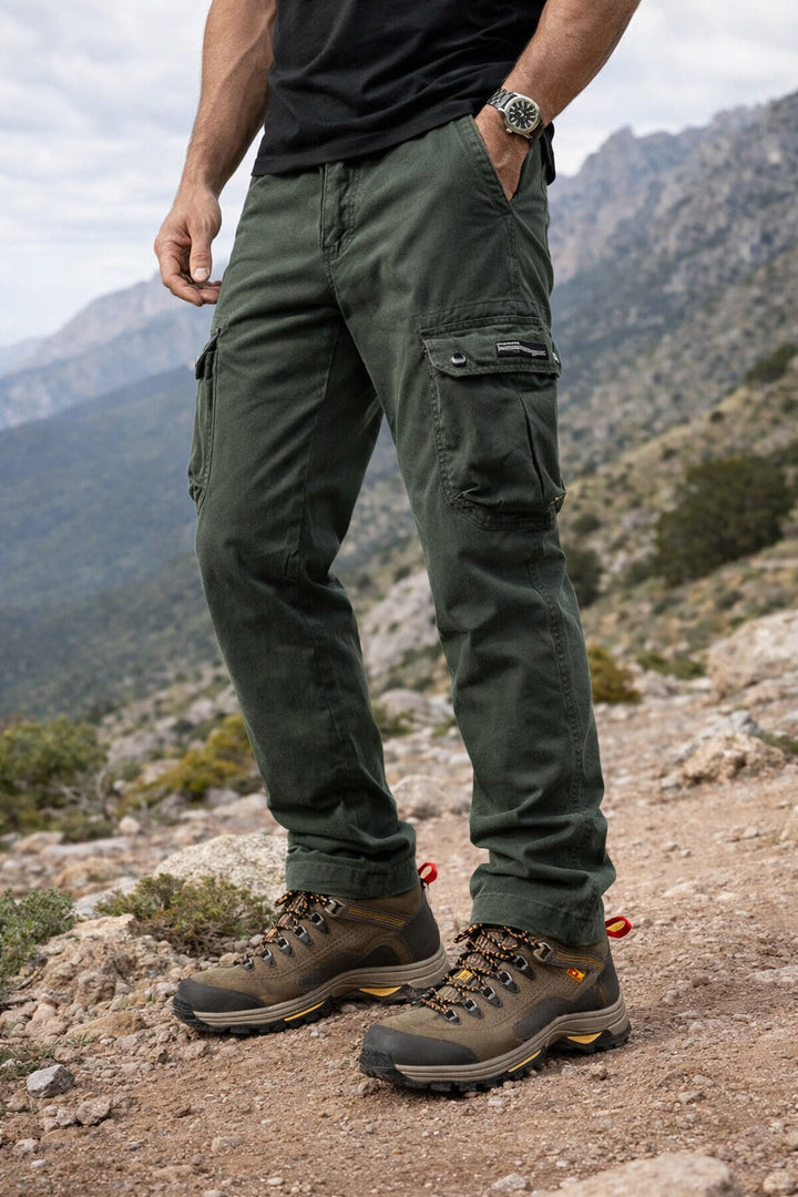 Primer plano de bolsillos en pantalones cargo tácticos para hombre. Almacenamiento seguro y accesible.