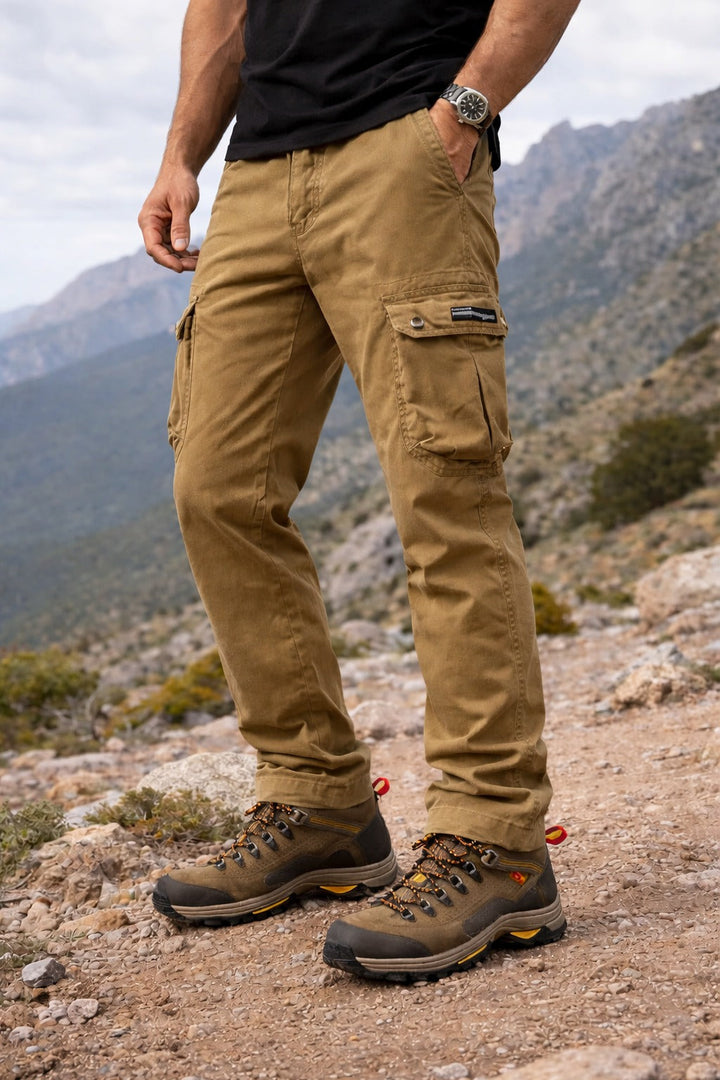 Vista trasera de pantalones cargo tácticos para hombre. Bolsillos reforzados para resistencia y seguridad en exterior.