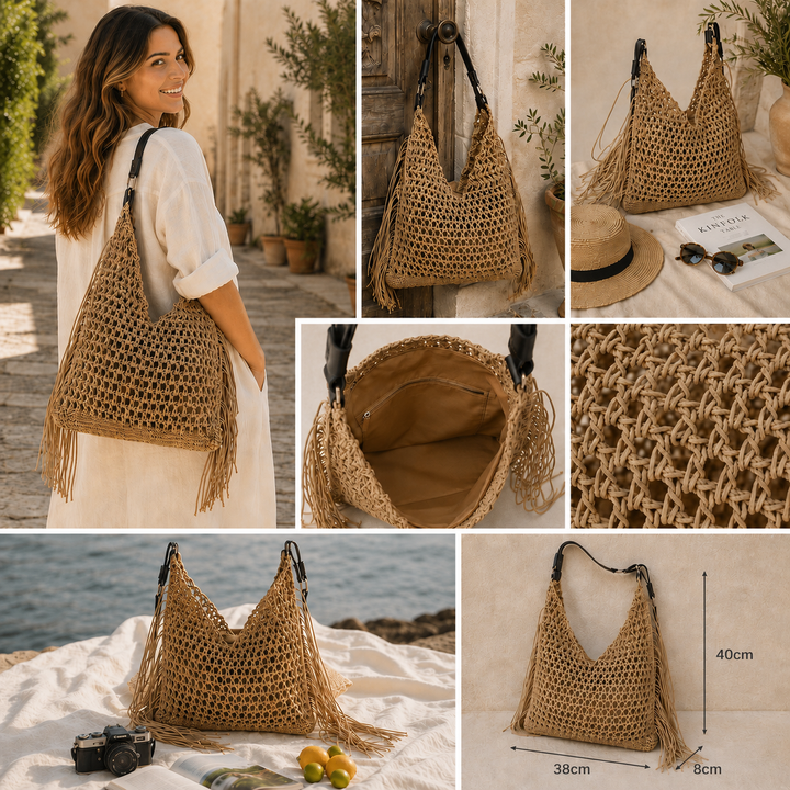 Bolso hobo de playa artesanal para mujer, diseño tejido de cuerda, gran capacidad, look veraniego casual.