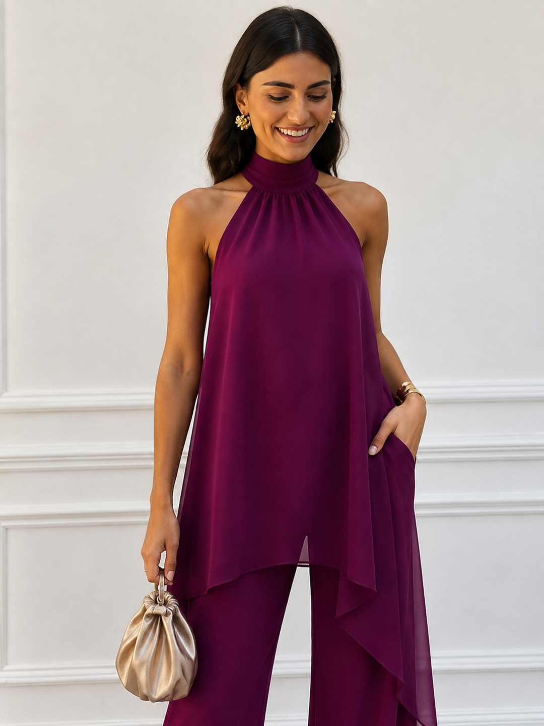 Conjunto de fiesta morado para mujer, top palabra de honor y pantalón palazzo, muy elegante y moderno.