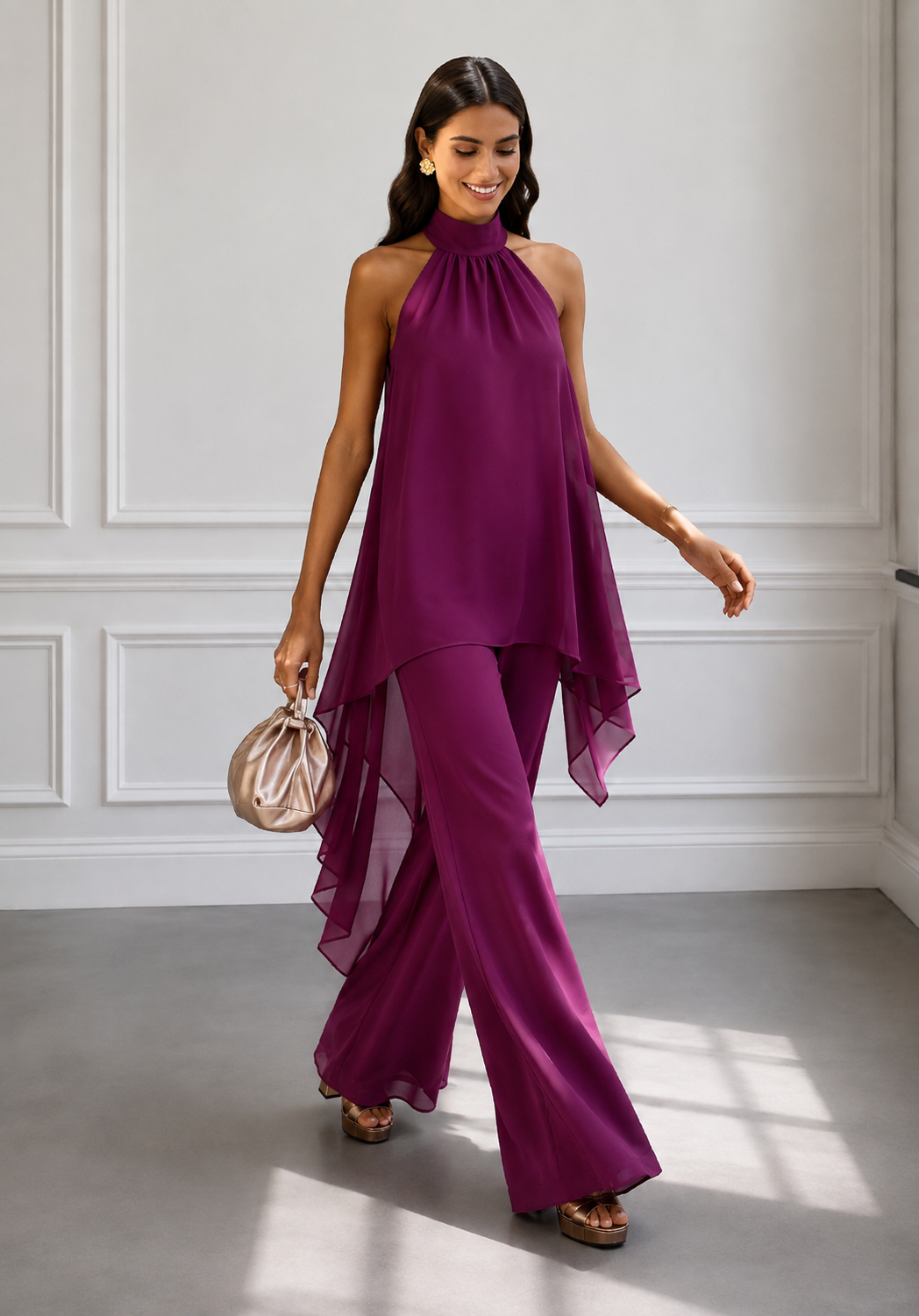 Conjunto morado femenino palabra de honor con pantalón palazzo, perfecto para eventos elegantes y fiestas.
