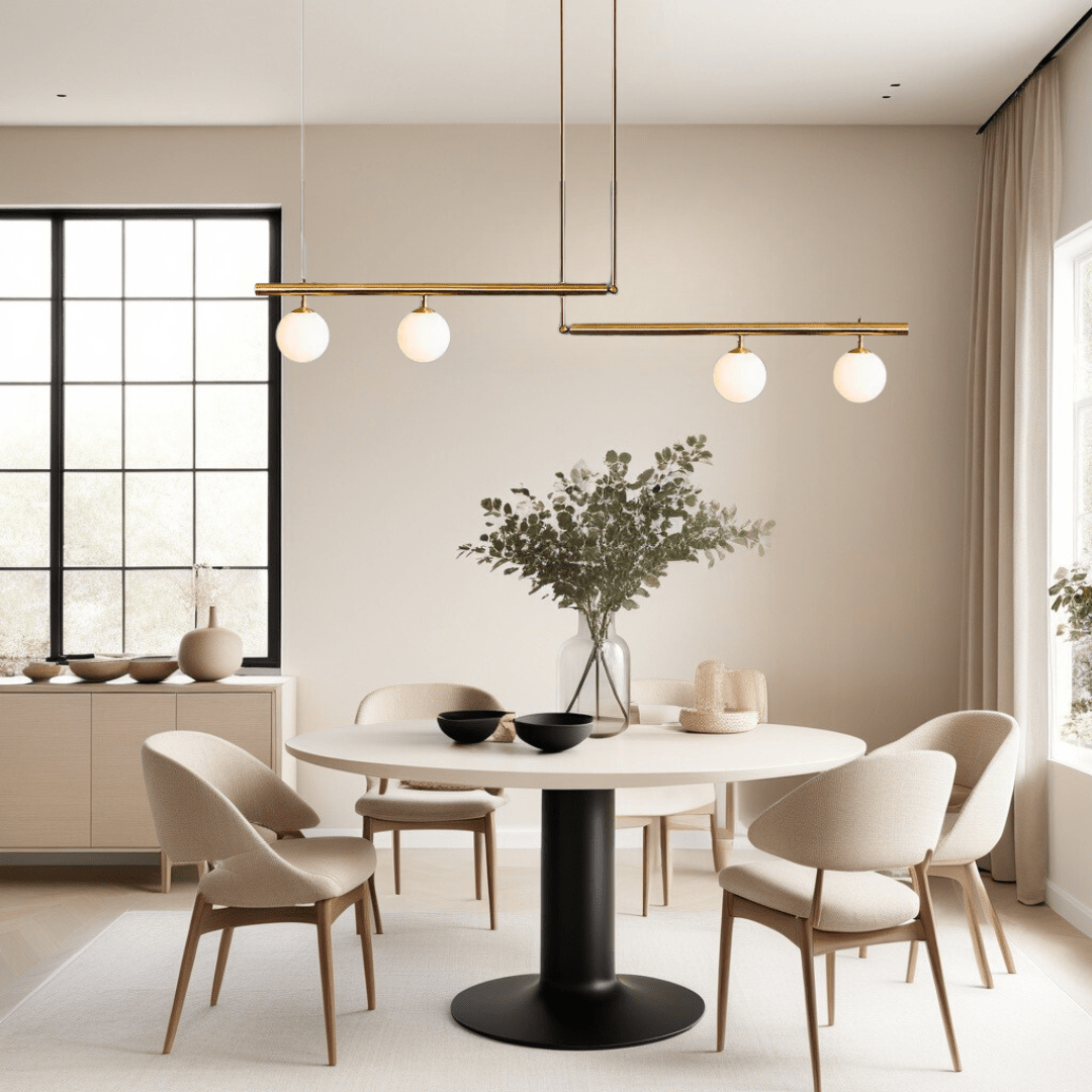 Lámpara colgante LED minimalista de cristal y metal para iluminación moderna de cocina.