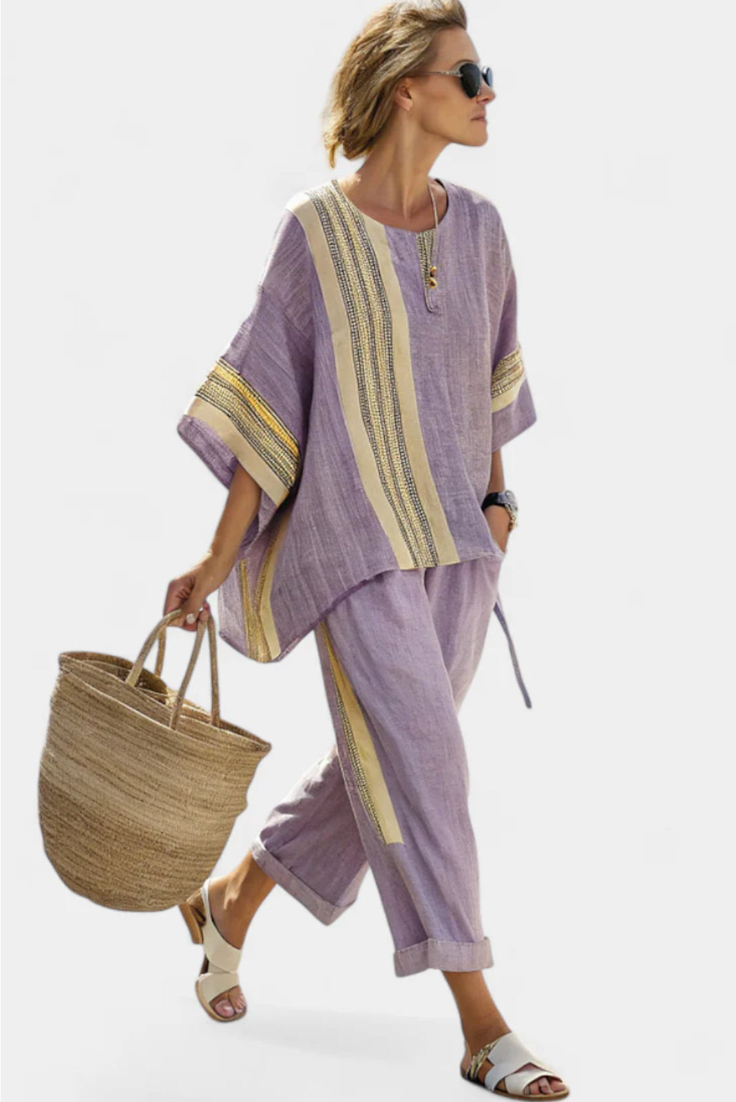 Conjunto rayado elegante para mujer, atuendo cómodo de dos piezas perfecto para vacaciones de verano.