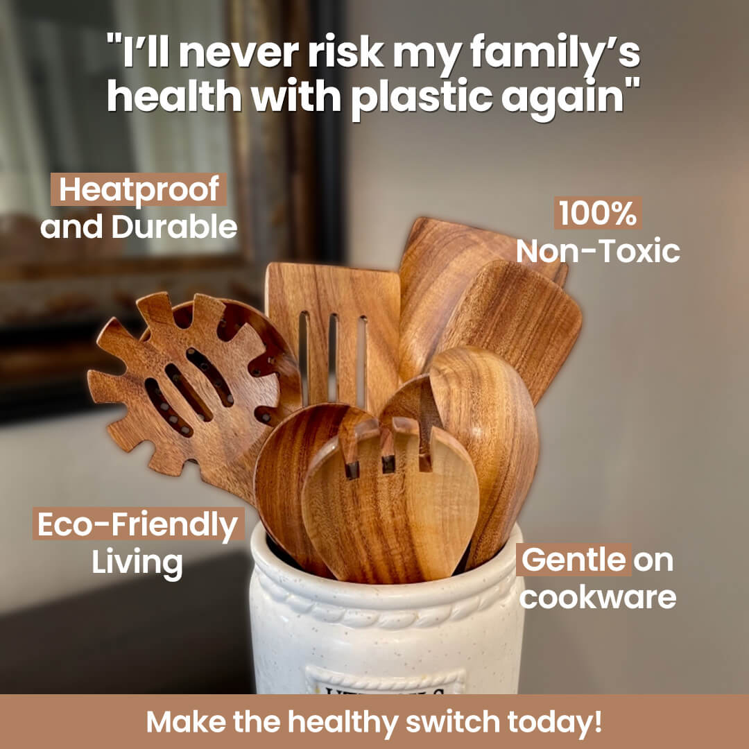 Juego completo de 9 utensilios de teca para una cocina sostenible y natural.