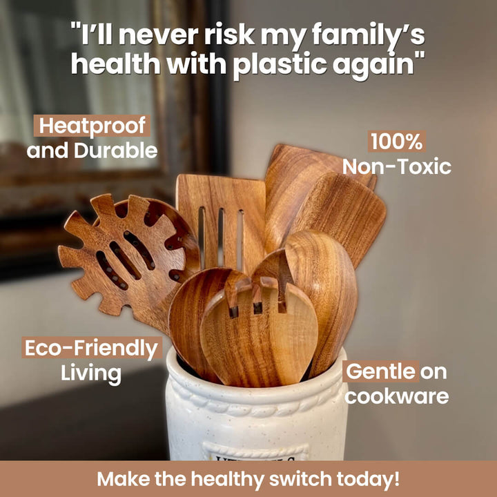 Juego completo de 9 utensilios de teca para una cocina sostenible y natural.