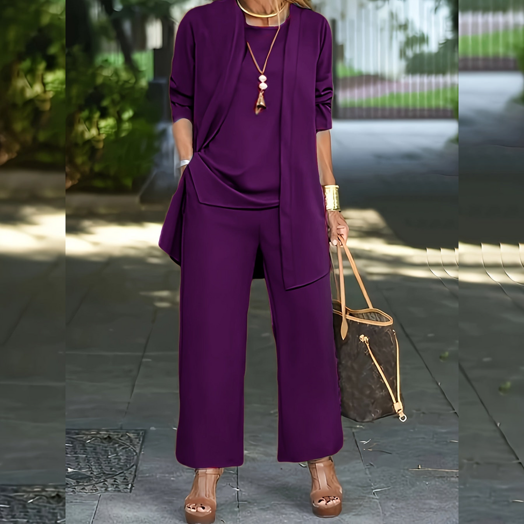 Conjunto completo mujer 3 piezas: cárdigan largo, top y pantalón. Ropa cómoda y elegante.
