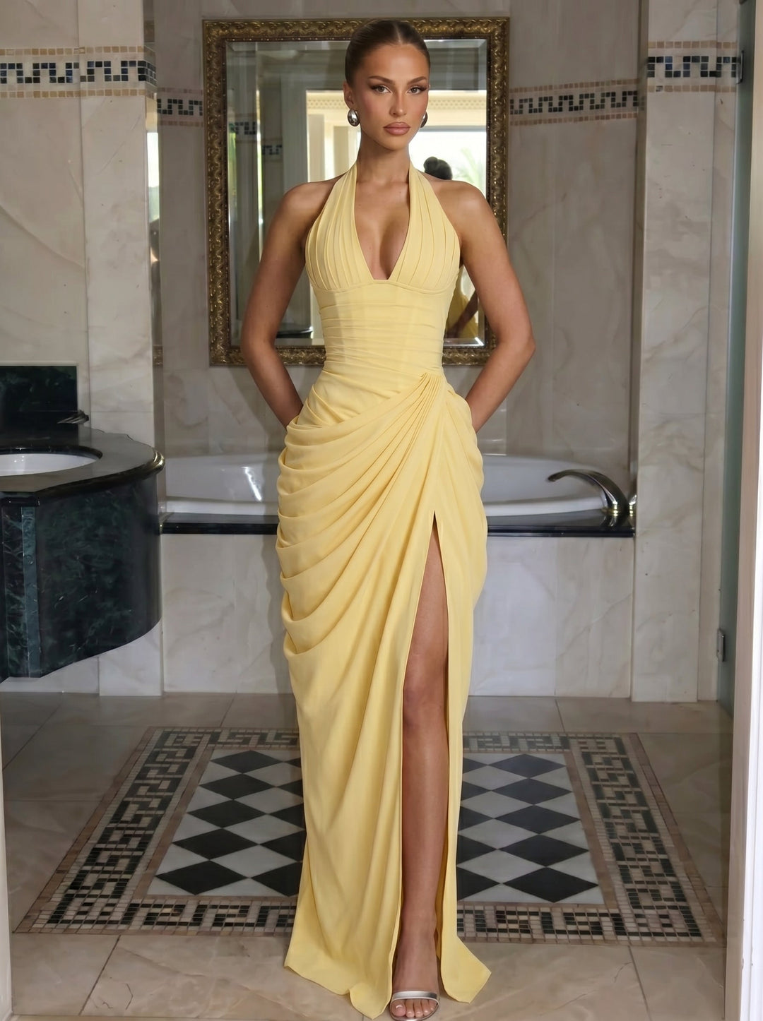 Vestido de fiesta halter para mujer, largo, con abertura, perfecto para noche y eventos.