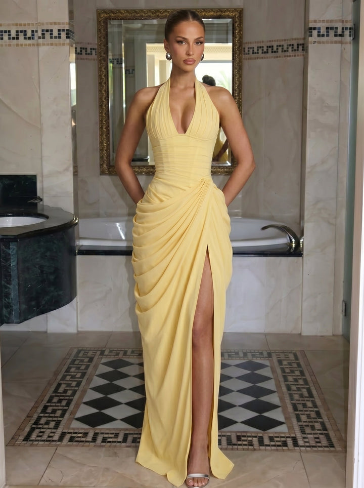Vestido de fiesta halter para mujer, largo, con abertura, perfecto para noche y eventos.