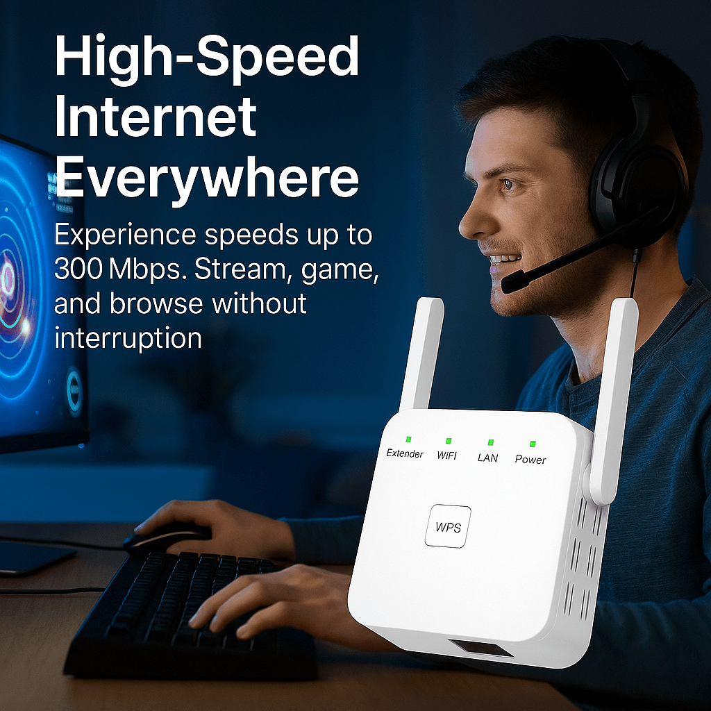 Dispositivo extensor WiFi doble banda 2.4GHz/5G. Mejora cobertura inalámbrica sin zonas muertas.