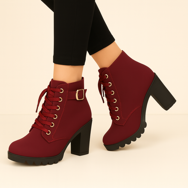 Moda otoño: botines de gamuza con plataforma, cordones y tacón para mujer, comodidad y estilo casual.