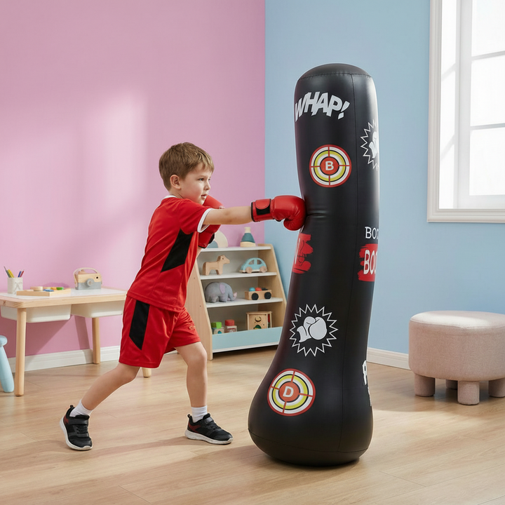 Niño sonriente golpeando un saco de boxeo inflable de PVC, fomentando juego activo y deporte infantil.