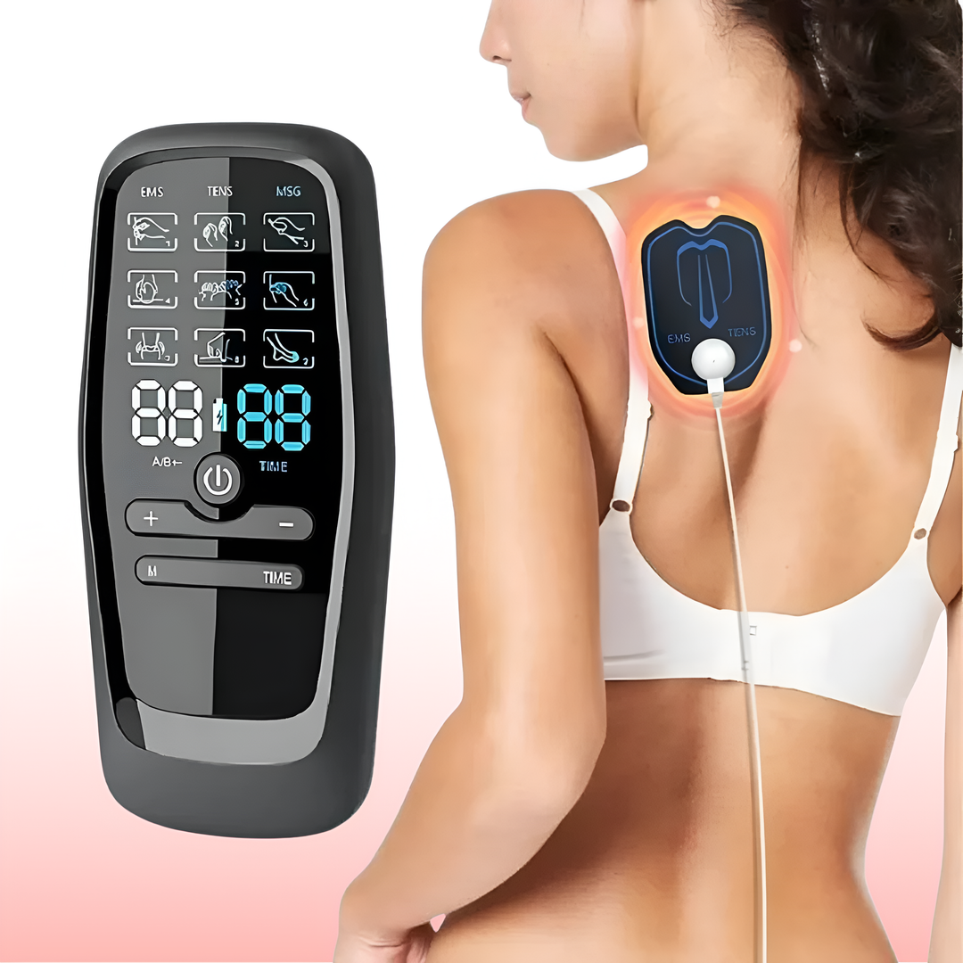 Dispositivo TENS EMS compacto unisex para masaje y alivio del dolor muscular, terapia eléctrica portátil recargable.