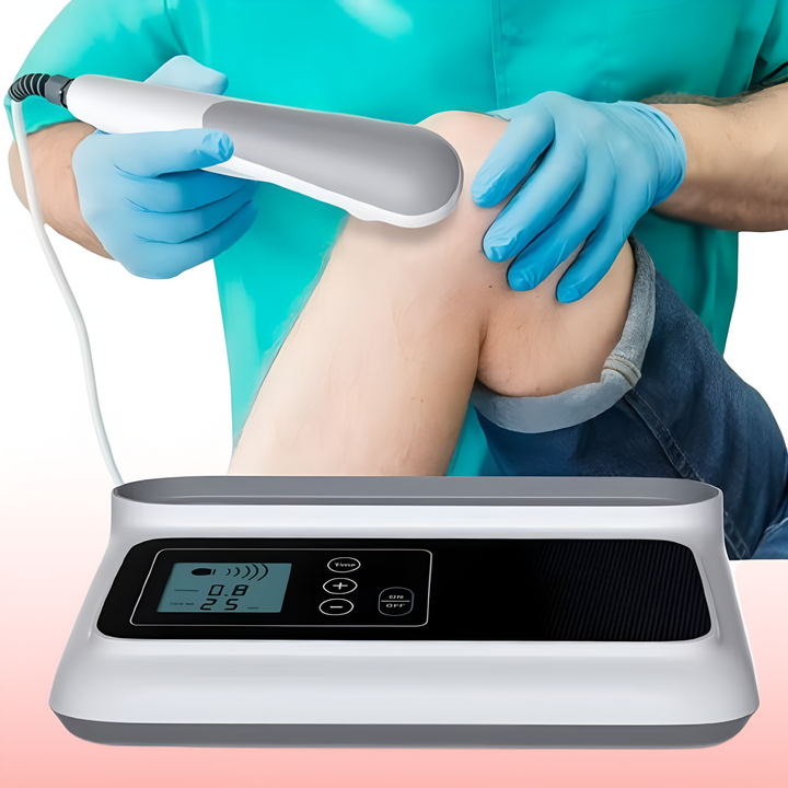 Dispositivo de fisioterapia ultrasónica AeroPulse portátil para alivio del dolor muscular y articular en casa.