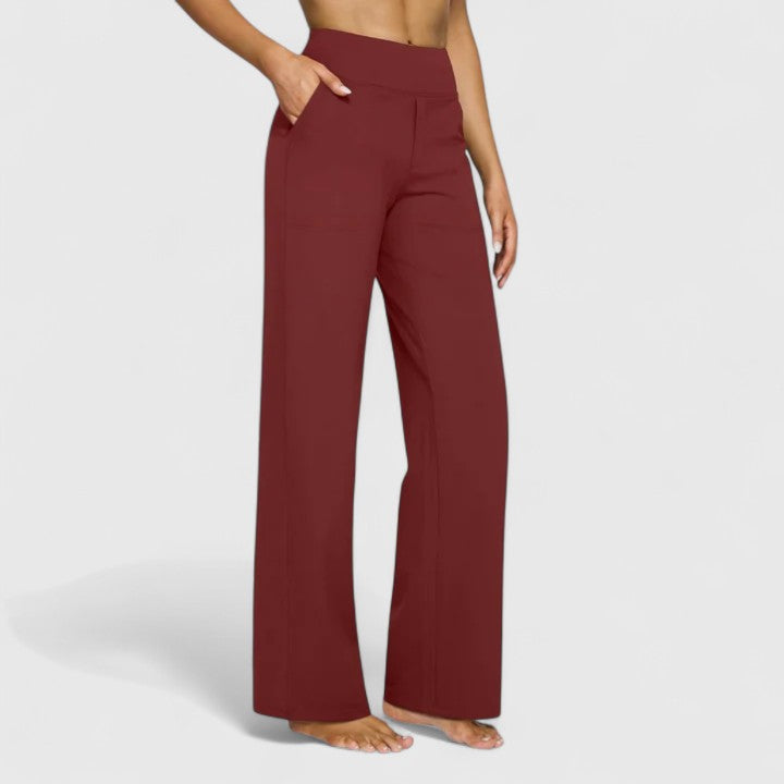 Pantalón casual de mujer, tiro alto y ancho. Tejido elástico con bolsillos, ideal para verano.