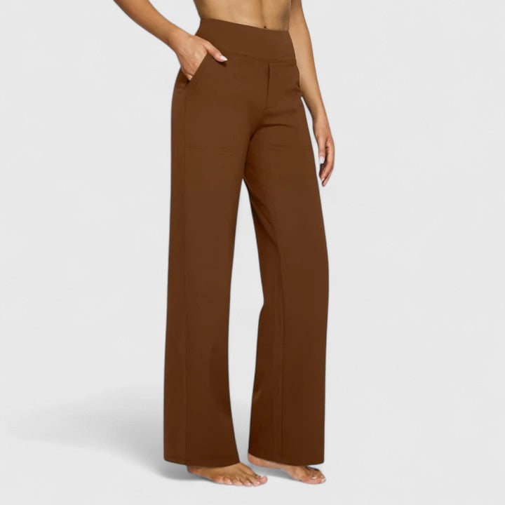Pantalón primavera-verano mujer, tiro alto y pierna ancha. Estilo casual con cintura elástica.