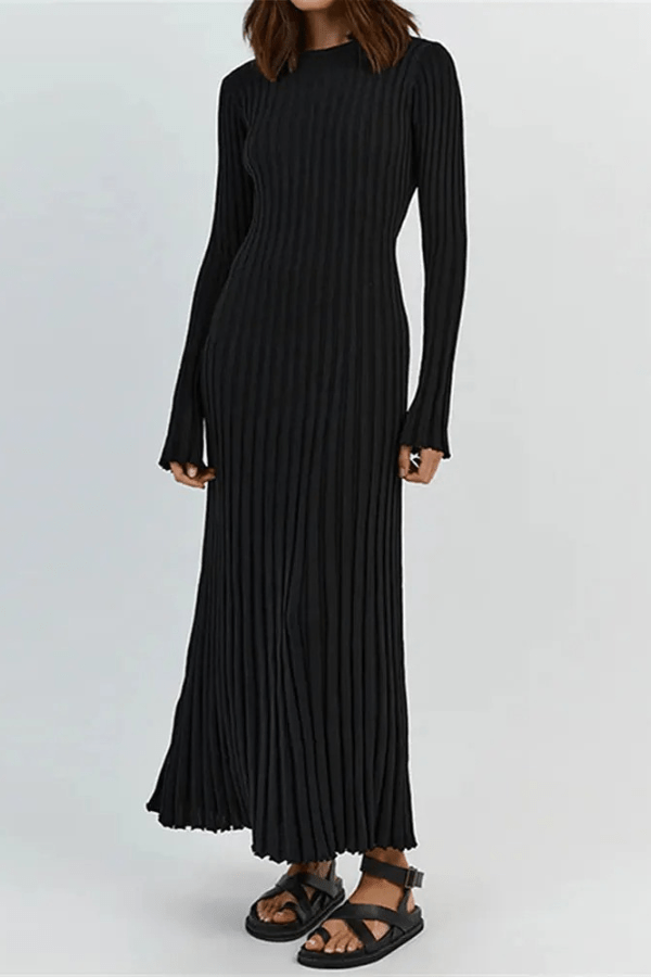 Elegante vestido maxi de punto acanalado para mujer, diseño plisado. Ideal para celebraciones de otoño/primavera.